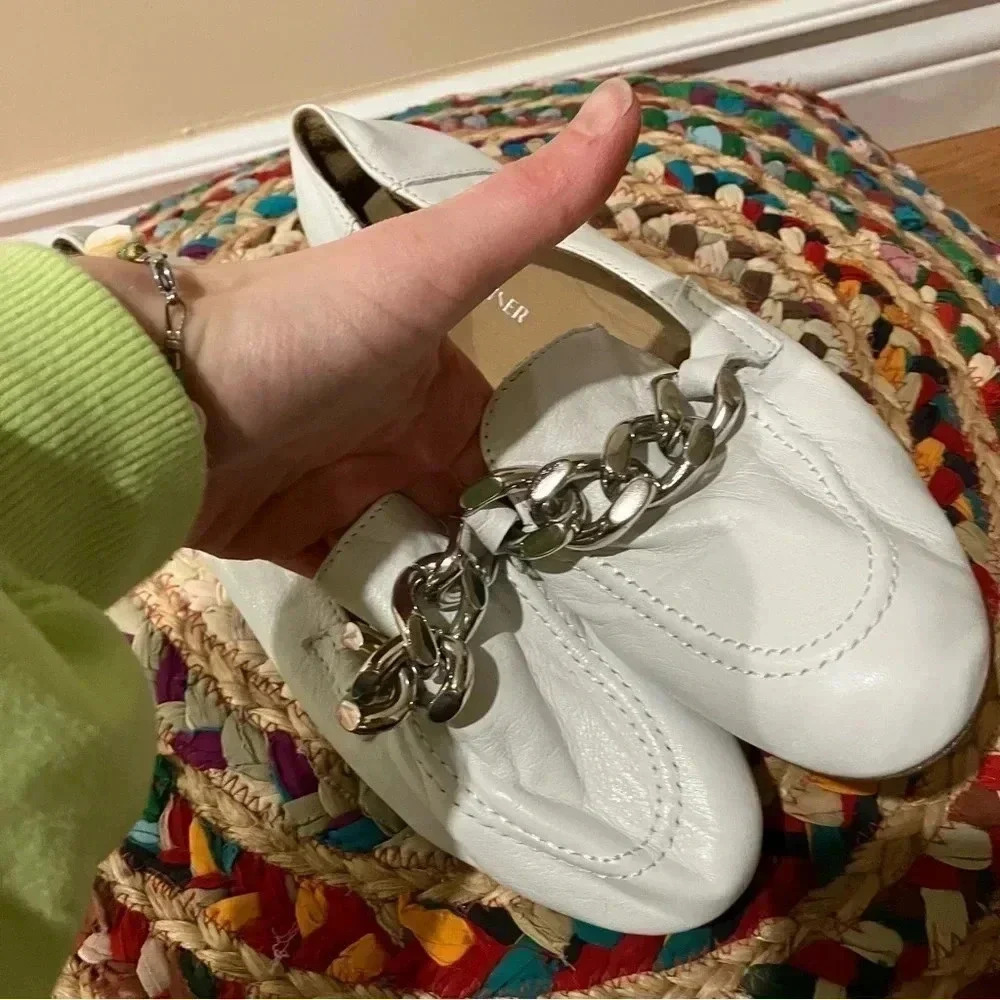 Donald J. Pliner white leather silver chain loafers